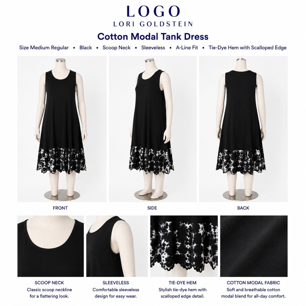 LOGO Lori Goldstein Cotton Modal Tank Dress Black Tie-Dye Scallop Hem Medium